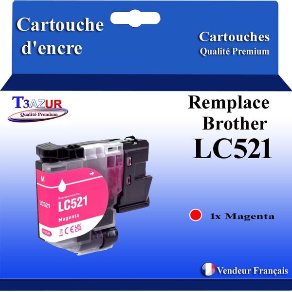 T3AZUR - Toner compatible avec Brother DCP-J1260W DCP-J1310DW DCP-J1360DW DCP-J1460DW remplace Brother LC521 Magenta