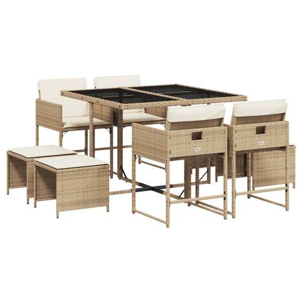 vidaXL Ensemble à manger de jardin et coussins 9 Pièces beige Poly rotin