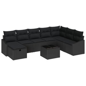 vidaXL Salon de jardin 9 pièces avec des coussins en polyrotin noir.