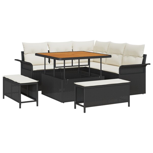vidaXL Canapé de Jardin 8 Pièces avec Coussins Noirs en Poly Rattan et Acacia.