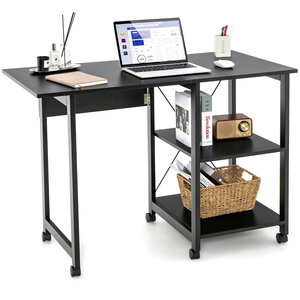 Bureau pliable pour ordinateur table de travail moderne avec 2 étagères de rangement table pour ordinateur portable avec 6 roulettes noir 20_0008021