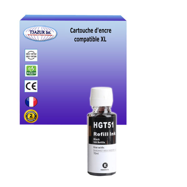 Bouteille d'encre compatible avec HP DeskJet GT5810, GT5820 remplace HP GT51- Noire - 90ml - T3AZUR