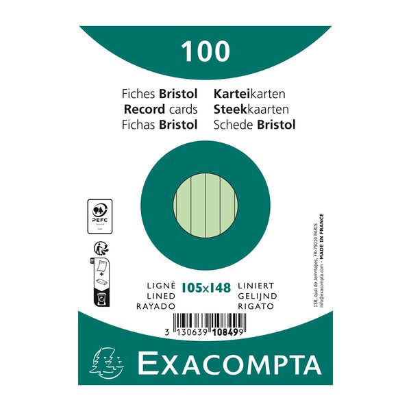 Paquet 100 Fiches Sous Film - Bristol Ligné Non Perforé 105x148mm - Vert - X 20 - Exacompta