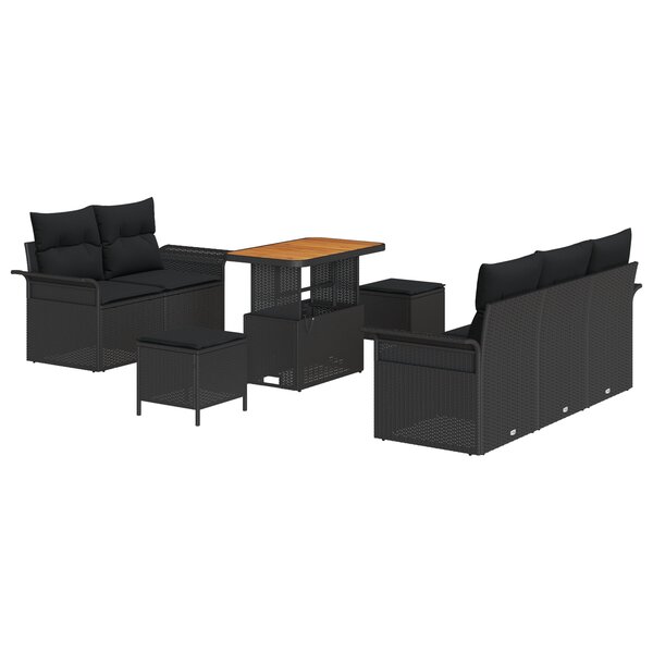 vidaXL Ensemble de canapés de jardin de 8 pièces avec coussins noirs en poly rattan et acacia.