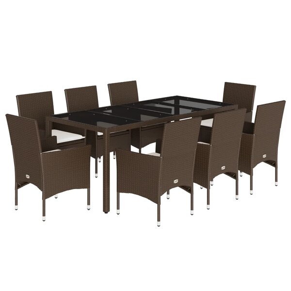 vidaXL Ensemble à manger de jardin et coussins 9Pièces marron rotin verre