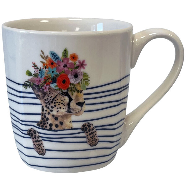 Tasse en céramique blanche rayée guépard en coffret cadeau