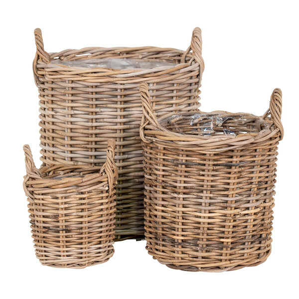 3 paniers ronds en rotin avec poignées et intérieur plastifié