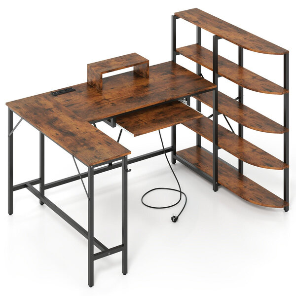 Bureau en L avec bibliothèque et station de charge 160 x 108 x 109 5 cm ergonomique moderne en bois d'ingénierie marron rustique 20_0010907