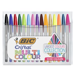 Stylo bille, Cristal Multicolors, pointe de 1,6 mm, corps transparent, 15 couleurs d'encre assorties (paquet 15 unités)