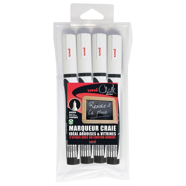Etui de 4 marqueurs craie pointe conique fine CHALK Marker PWE3MS/4 0 9 - 1 3mm Blanc UNI-BALL