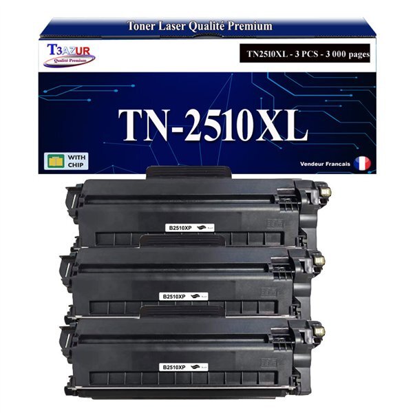 T3AZUR - 3x Toners compatibles avec Brother DCP-L2627DWE  L2627DW  L2665DW  L2620DW  L2400DWE  MFC-L2800DW  L2835DW  HL-L2445DW  TN2510  TN2510XL