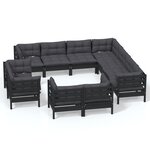 vidaXL Salon de jardin 11 Pièces avec coussins Noir Bois de pin solide