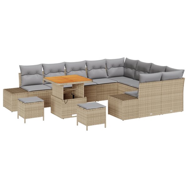 Ensemble de Canapés de Jardin 12 Pièces avec Coussins Rotin Poly Beige Acacia