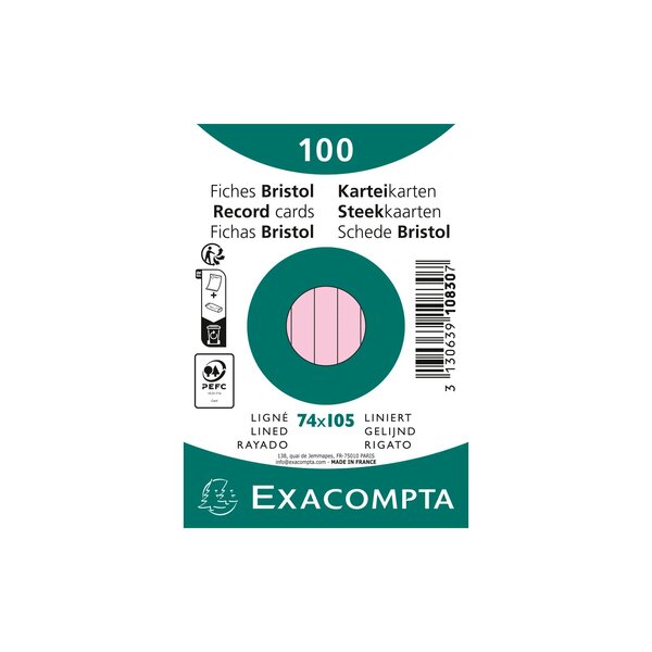 Paquet 100 Fiches Sous Film - Bristol Ligné Non Perforé 74x105mm - Rose - X 40 - Exacompta