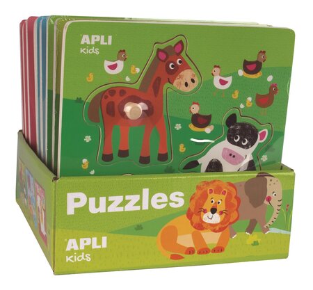 Présentoir 9 puzzles en bois 3 thèmes : ferme, animaux, jungle APLI