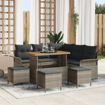 Ensemble de canapé de jardin de 9 pièces avec coussins gris poly rotin acacia