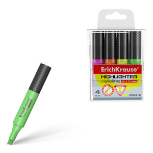 Erichkrause Visioline V-17 Mini Pack de 4 Marqueurs - Fluorescent - Pointe biseautée - Lot de 4 Couleurs : Jaune  Vert  Rose  Orange - Couleur du Corps Correspond à l'Encre