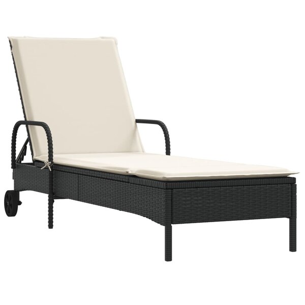 vidaXL Chaise longue avec roues et coussin noir résine tressée