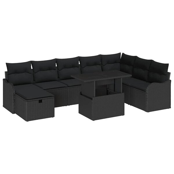 vidaXL Ensemble de canapé de jardin avec coussin 9 Pièces Noir Poly rotin