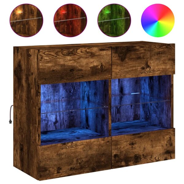 vidaXL Meuble TV mural avec lumières LED chêne fumé 78 5x30x60 5 cm