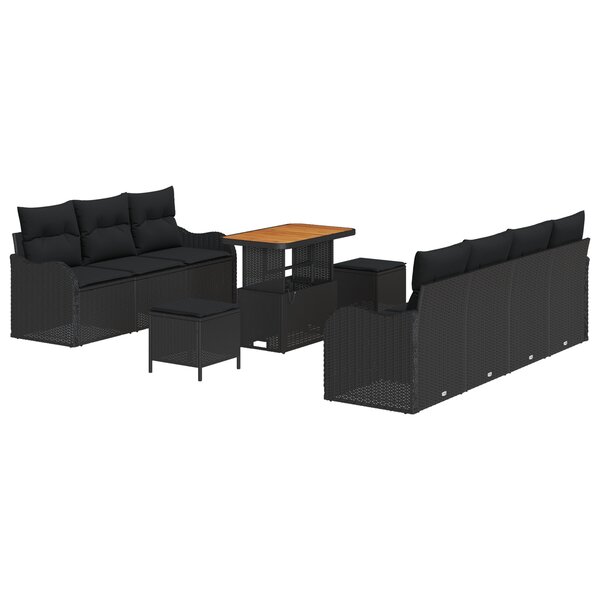 Ensemble de canapé de jardin 10 pièces avec coussins en rotin synthétique noir et acacia
