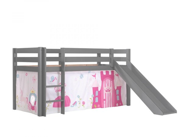 Lit Enfant Surélevé Avec Toboggan Pino 90x200cm Gris + Rideau de lit princess