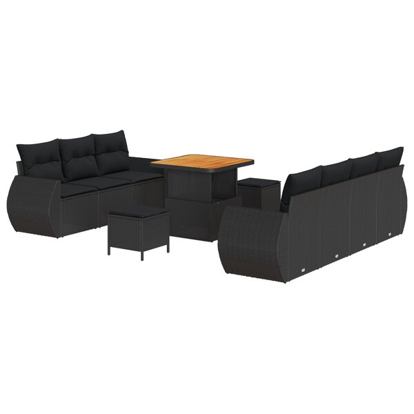 Canapé de Jardin vidaXL 10 Pièces avec Coussins Noir Rotin Poly Acacia