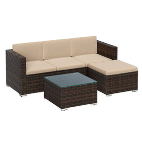 Salon de jardin extérieur ensemble de mobilier surface tressée en pe tissé à la main canapé d’angle avec coussins dessus de table en verre marron et taupe 12_0001661