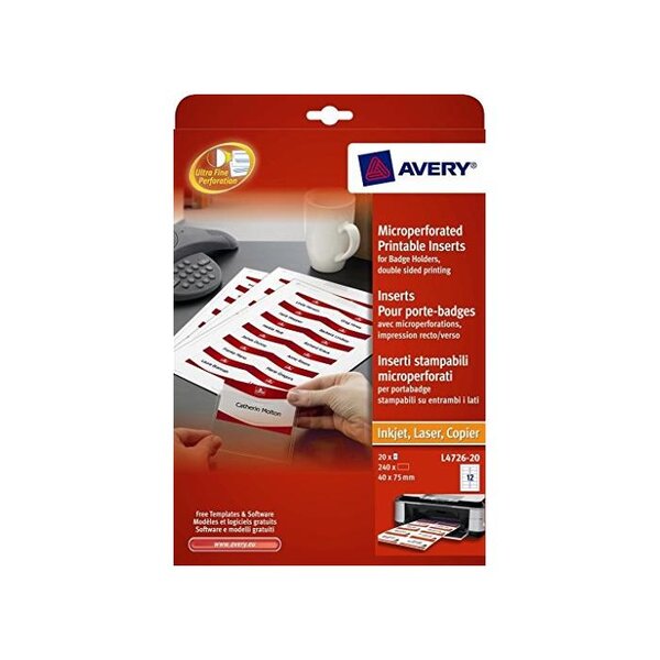 Boite de 240 bristols microperforés 190/m² en planche A4 pour badges 4x7,5 cm AVERY ZWECKFORM