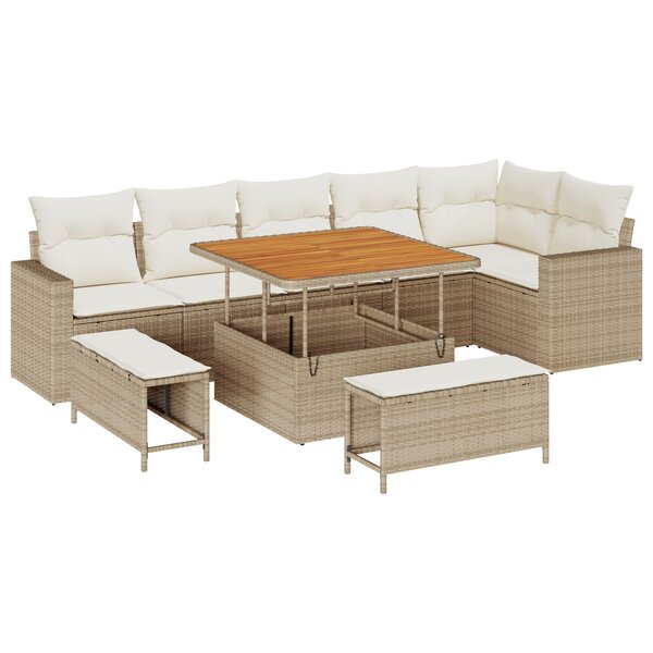 Canapé de jardin 9 pièces avec coussins Beige Poly Rotin Acacia