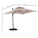 Parasol déporté carré double toit inclinable pivotant manivelle lestage inclus dim. 2 7L x 2 7l x 2 6H m acier polyester beige