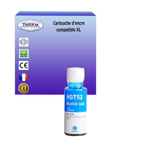 Bouteille d'encre compatible avec HP Smart Tank 530, 531, 532, 538, 600 remplace HP GT52- Cyan - 70ml - T3AZUR