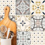 6 stickers carreaux de ciment beige or et bleu 15 x 15 cm