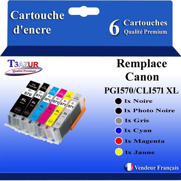 T3AZUR - 6x Cartouches compatibles avec Canon PGI-570XL CLI-571 XL pour Canon Pixma MG5751 MG5752 MG5753 MG6850 MG6851 MG6852 MG6853 MG7750