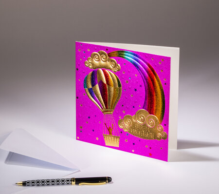 Carte double sparkle - heureux anniversaire - papier paillette rose  dorures arc-en-ciel et or
