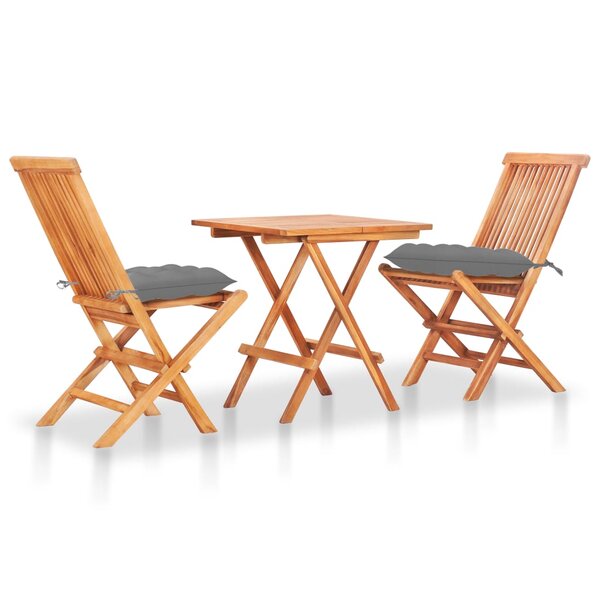 vidaXL Ensemble de bistro 3 Pièces avec coussins gris Bois de teck massif