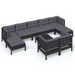 vidaXL Salon de jardin 10 Pièces avec coussins Noir Bois de pin massif