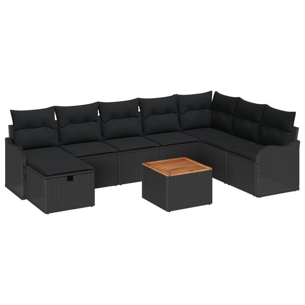 Ensemble de 9 pièces de canapés de jardin avec coussins en poly rattan noir
