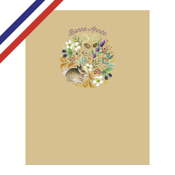 Carte double bonne année lapin et couronne