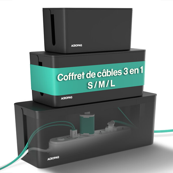 ACROPAQ 3 Boite cache cable- 3 Boite rangement cable 3 en 1- 3 tailles (S  M  L)- cache multiprise- ABS- Noir