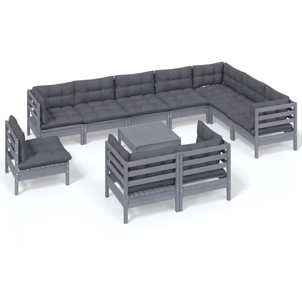 vidaXL Salon de jardin 11 Pièces avec coussins Gris Bois de pin solide