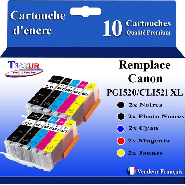 T3AZUR - 10x Cartouches compatibles avec Canon PGI520 CLI-521 XL pour Canon Pixma iP3600 iP4600 iP4700 MP540 MP550 MP560