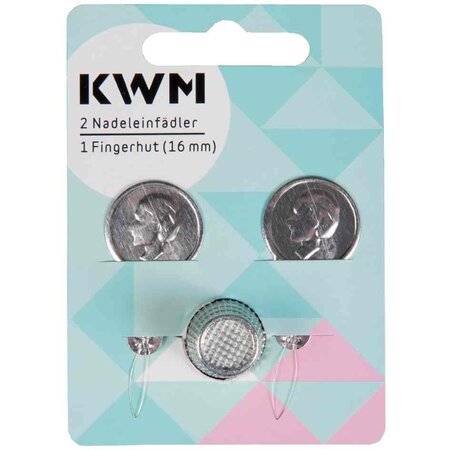 Kit de 2 enfiles-aiguilles et 1 dé à coudre en métal argenté KWM