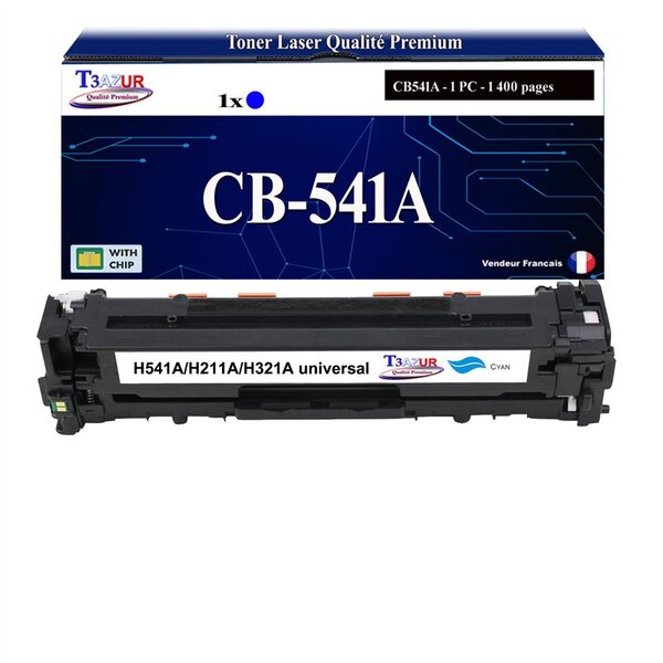T3AZUR - Cartouche compatible avec CB541A pour HP Color LaserJet CM1300 CM1300MFP CM1312 CM1312CB CM1312CI CM1312EB CM1312EI CM1312MFP CM1312NFI CM1312WB CM1312WI - Cyan