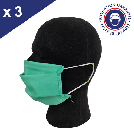 Masque Tissu Lavable x10 Vert Lot de 3