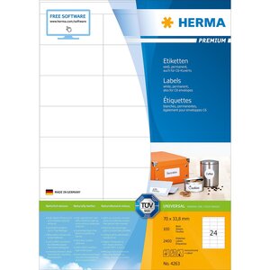 Boite de 2400 etiquettes universelles premium 70 x 33,8 mm blanc herma
