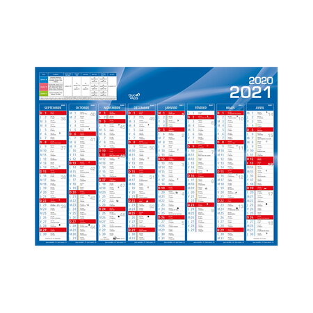 Panneau cartonné calendrier scolaire 2020-2021 - 14 mois - bleu