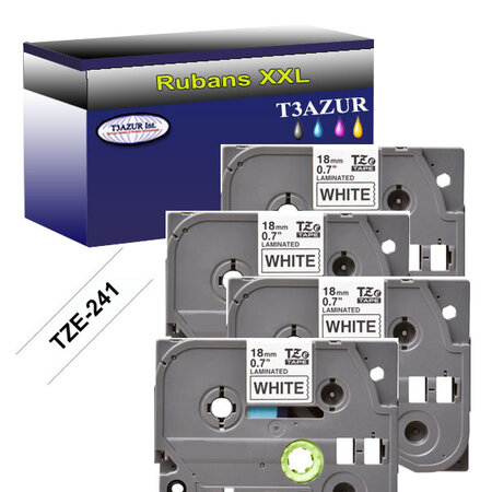 4 x Rubans pour étiquettes laminées génériques Brother Tze-241 pour étiqueteuses P-touch - Texte noir sur fond blanc - T3AZUR