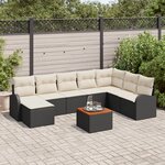 Ensemble de 9 pièces de canapés de jardin avec coussins noir poly rotin acacia