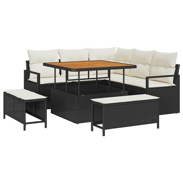 Ensemble de Canapés de Jardin 8 Pièces avec Coussins Noir Poly Rattan Acacia